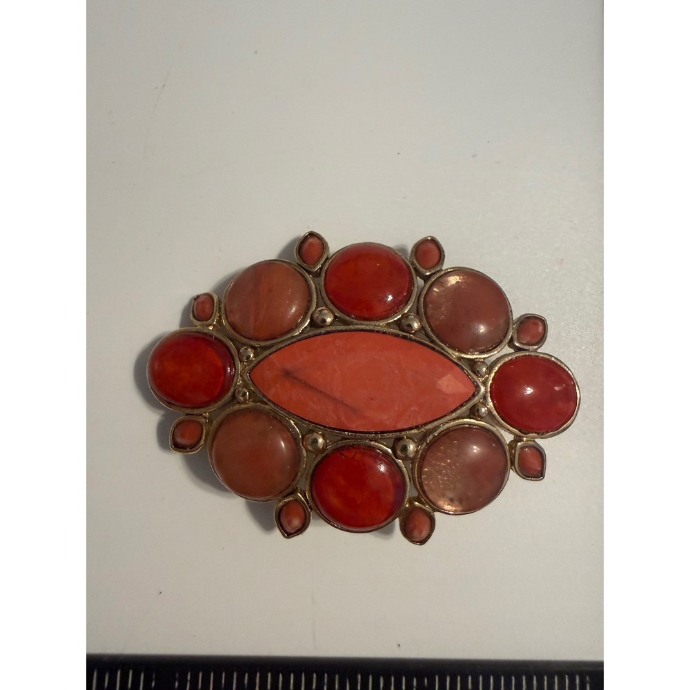 Liz Claiborne Gold Tone Coral Orange Cabochon Oval Brooch Pin LC Hallmark